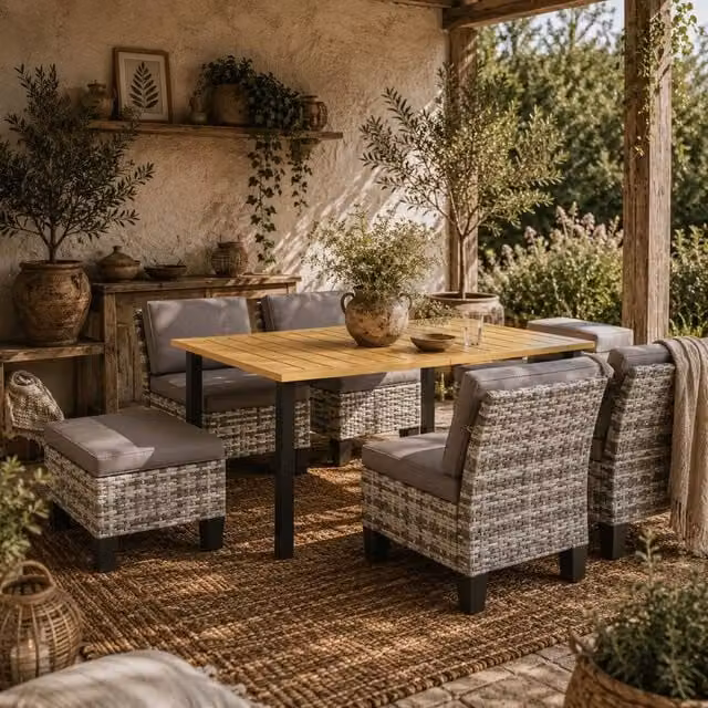 Wyld Haus Luzise Grey 7 Piece Polyrattan Outdoor Dining Set with Rectangular Table