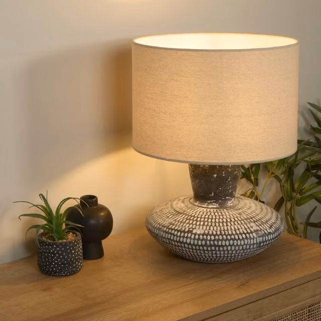 Lighting Collection Embossed Black Ceramic Table Lamp in Grey – 1