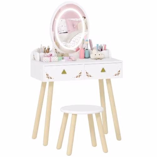 AIYAPLAY Kids Dressing Table and Stool Set with Mirror in White – 1