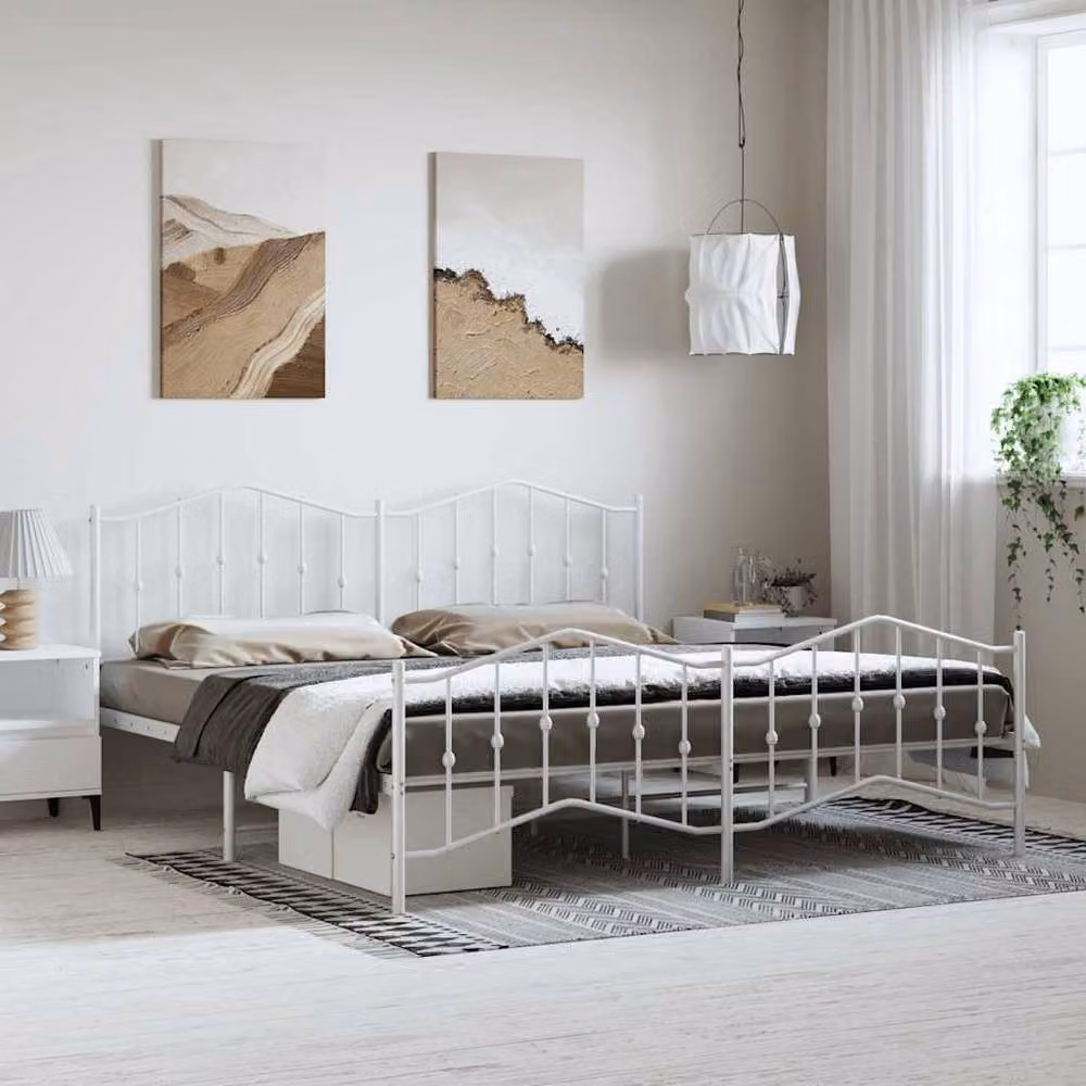 Berkfield Home Metal Bed Frame with Headboard and Footboard in White, W: 183 cm, L: 213 cm – 2