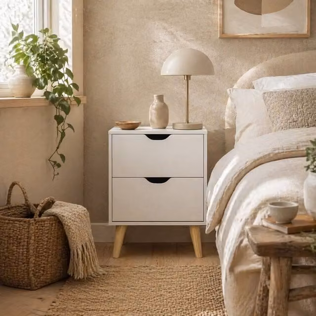 Wyld Haus Dodomi Suke 2 Drawer White Bedside Table with Natural Pine Legs W/D/H: 35 x 50.5 x 40 cm