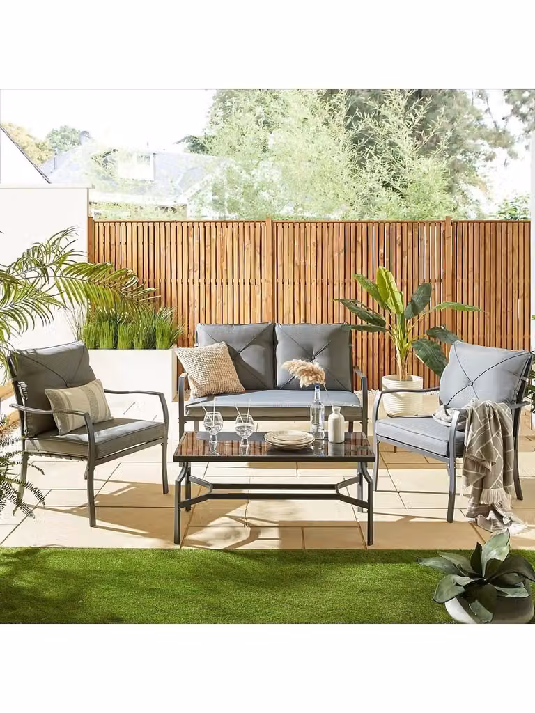 Cheap Furniture Warehouse Modern Grey Upholstered Outdoor Sofa Set with Coffee Table and Fabric Cushions