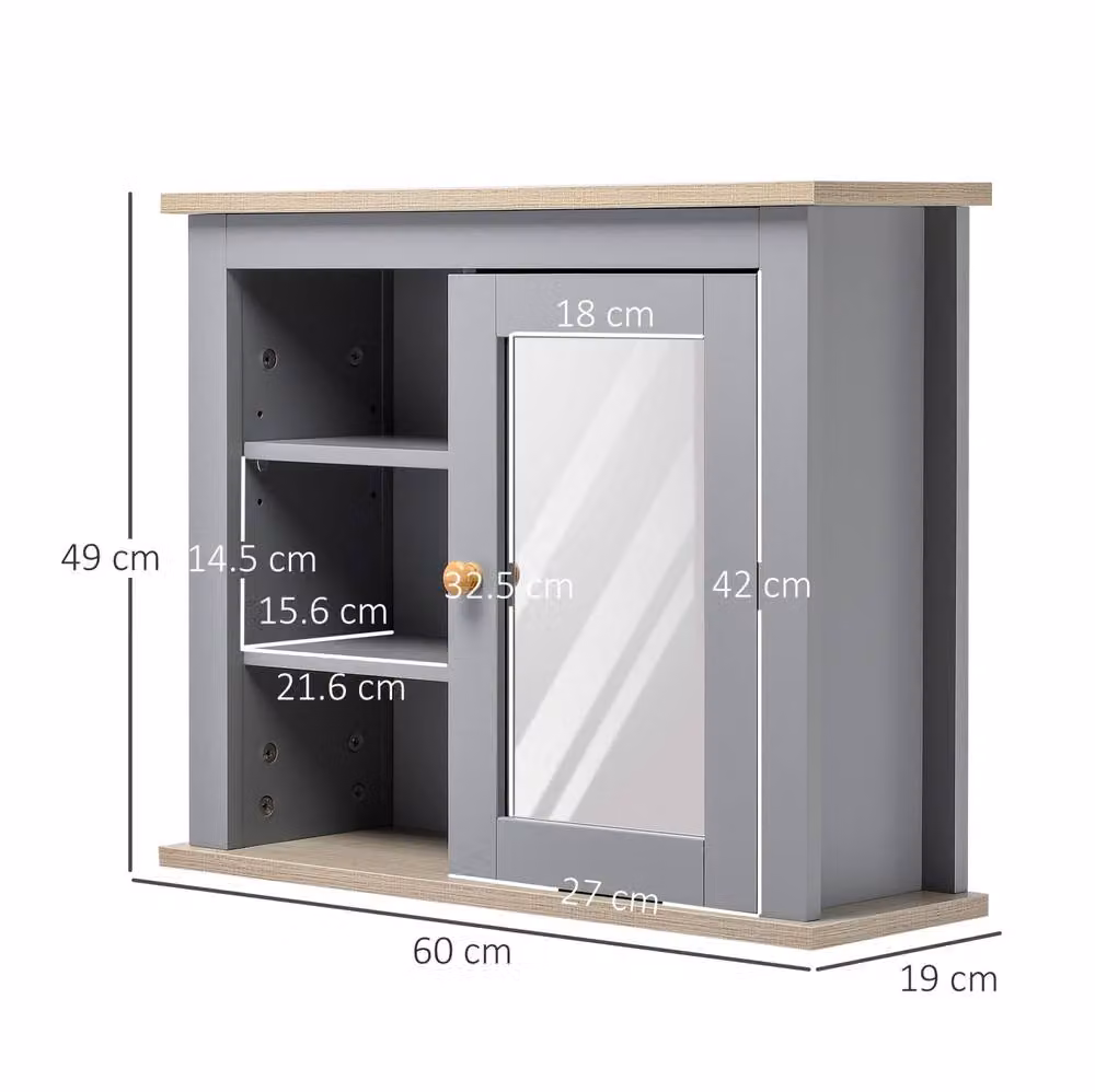STILVORA Grey Wall Mounted Bathroom Mirror Cabinet with Internal Shelves and Hinged Doors – 2