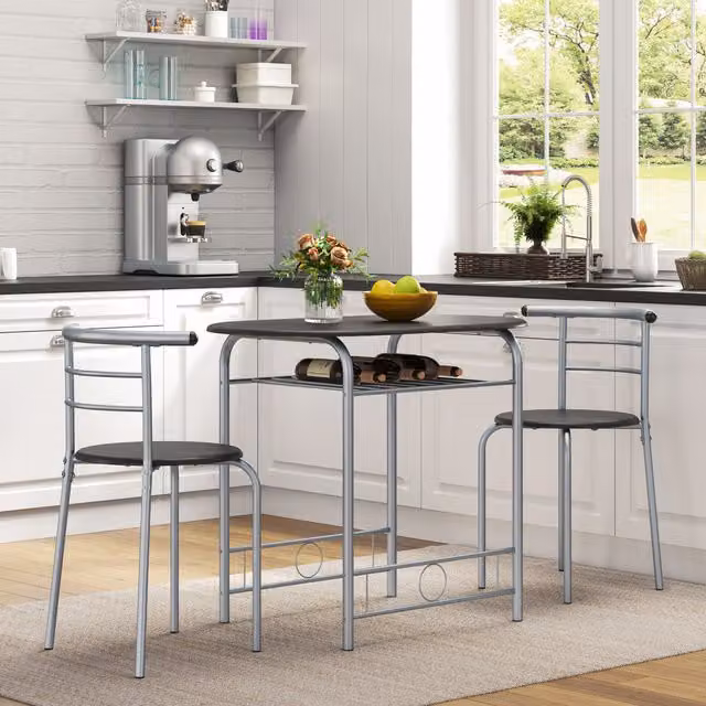 Yaheetech Modern Round Dining Table Set with 3 Chairs and Storage Rack, Black, Diameter: 90 cm