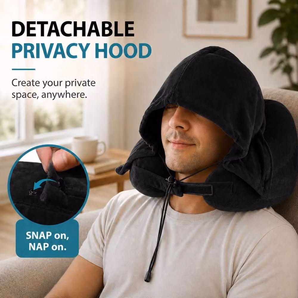 VOGREX Black Inflatable H-Shaped Travel Neck Pillow with Plush Hood Cover – 2