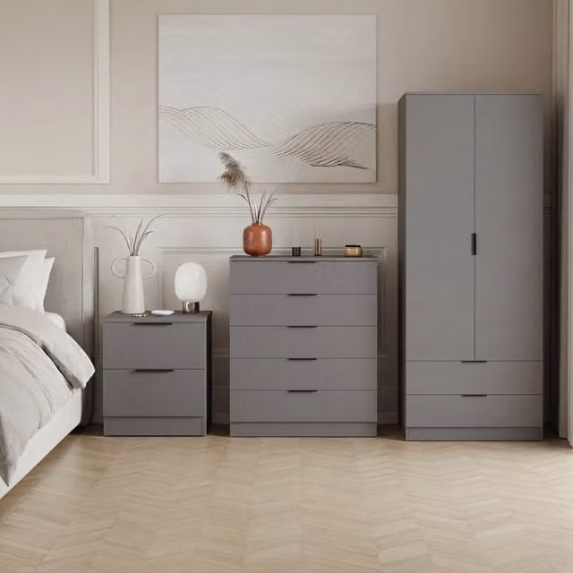 Vida Designs Trega 3 Piece Grey Modern Bedroom Set including 2 Door 2 Drawer Wardrobe, 5 Drawer Chest and 2 Drawer Bedside Chest