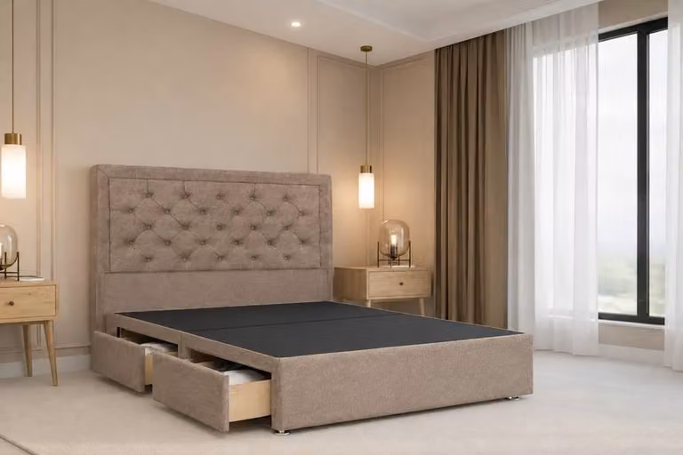 Chester & Oakley Valencia Plush Divan Bed Base with 4 Drawers and Headboard, Beige Velvet Fabric, W/D/H: 180 x 200 cm