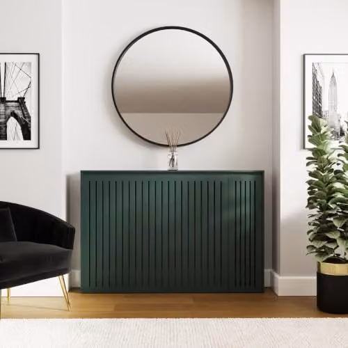 GFW Cooper Modern Slatted Radiator Cover with Storage Shelves in Forest Green, H 95.0 cm x W 141.6 cm x D 22.0 cm