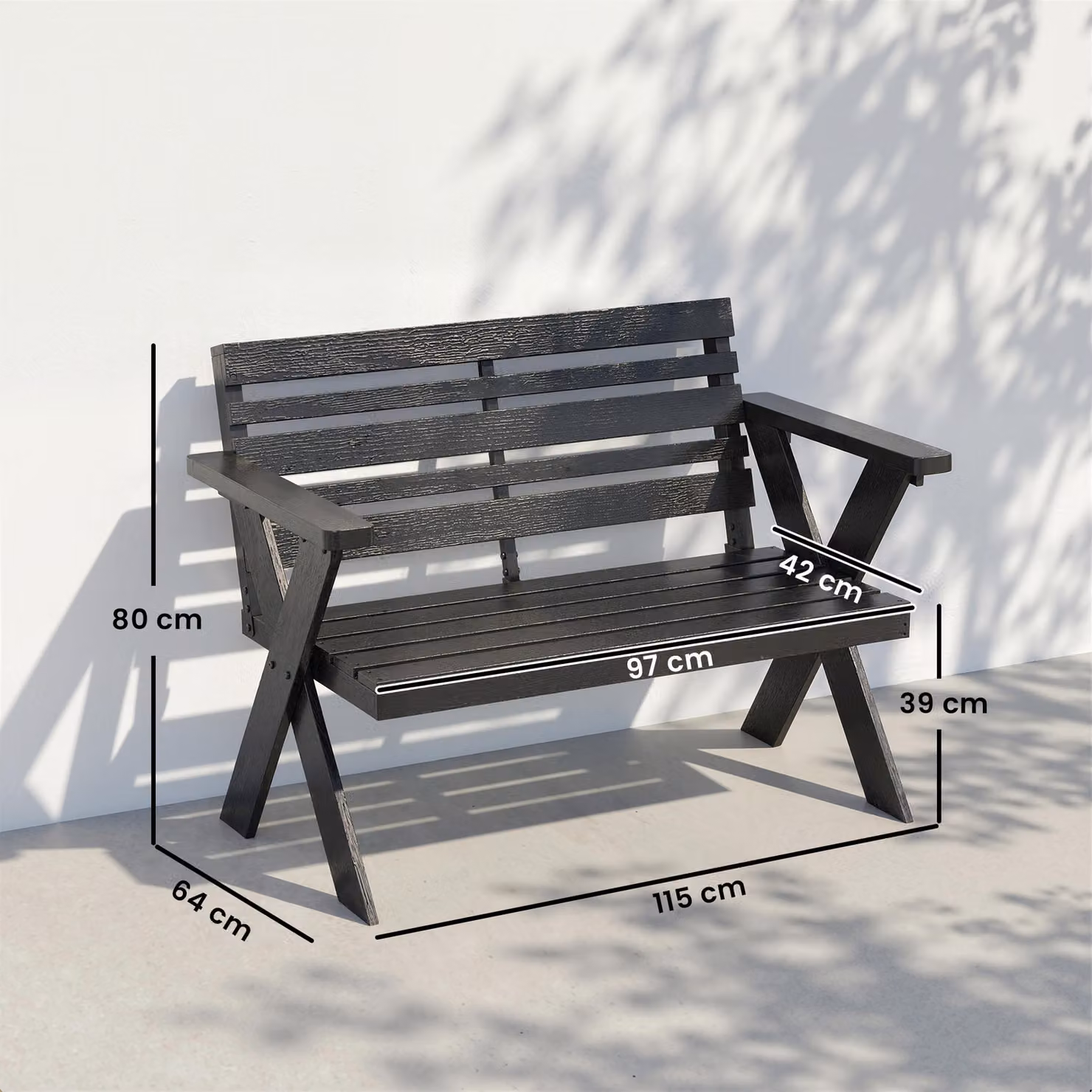 Outsunny 2 Seater Black Lacquered Treated Hardwood Garden Bench with Armrests, W/D/H: 115 x 64 x 80 cm – 3