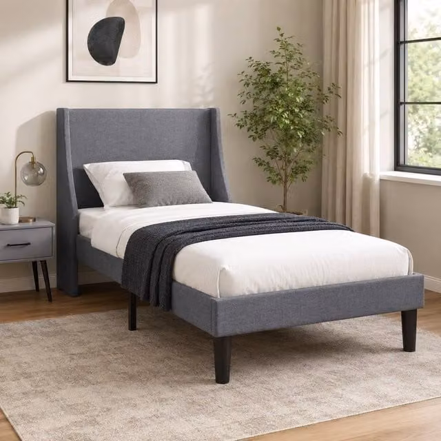 STILVORA Grey Upholstered Single Bed with Wingback Headboard W/D/H: 90 x 190 x 97 cm