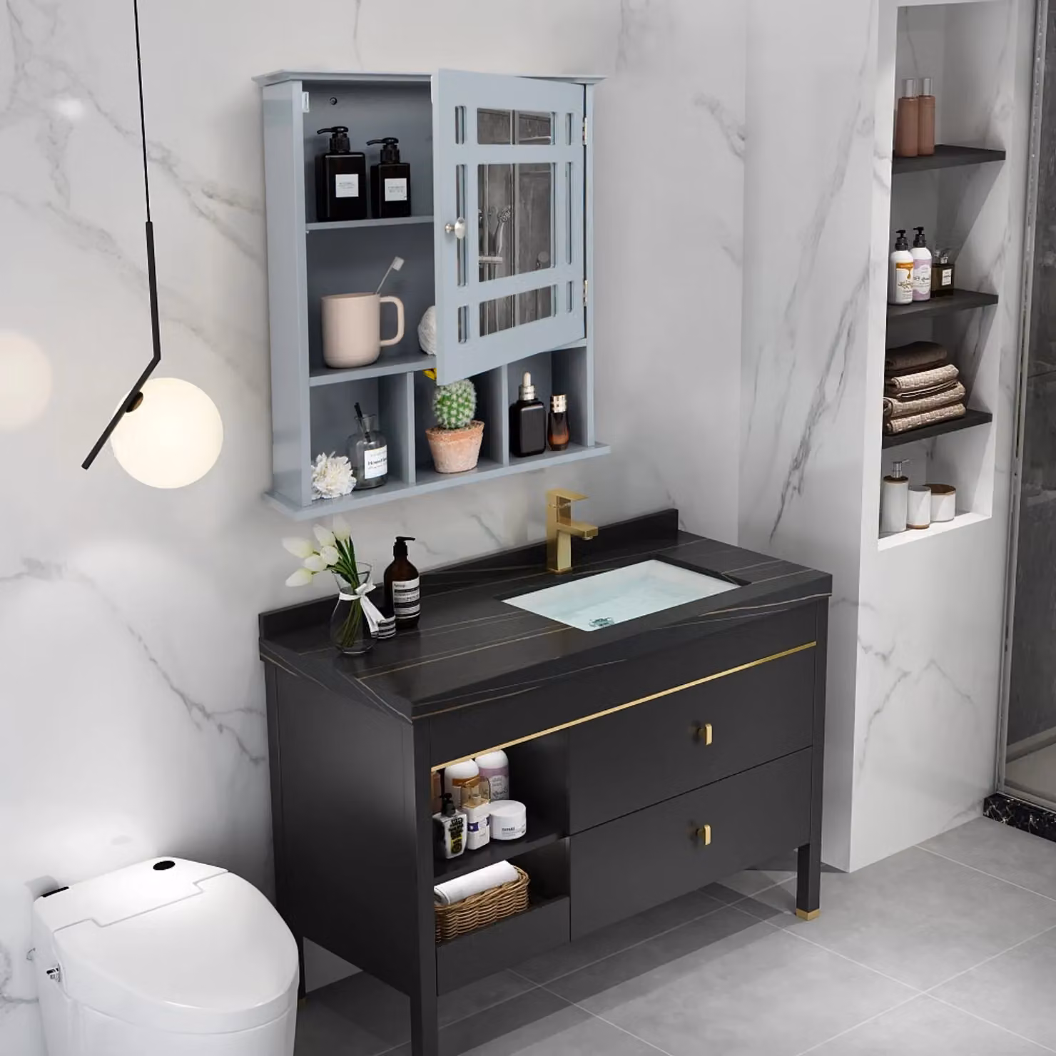 Costway Grey Wooden Wall Mounted Bathroom Storage Cabinet with Mirror and Internal Shelves – 3