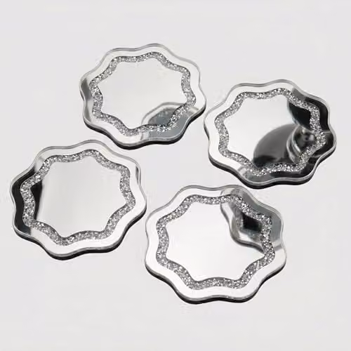DEENZ Silver Glass Crushed Crystal Jewel Wavy Shape Coaster and Placemat Set – 2