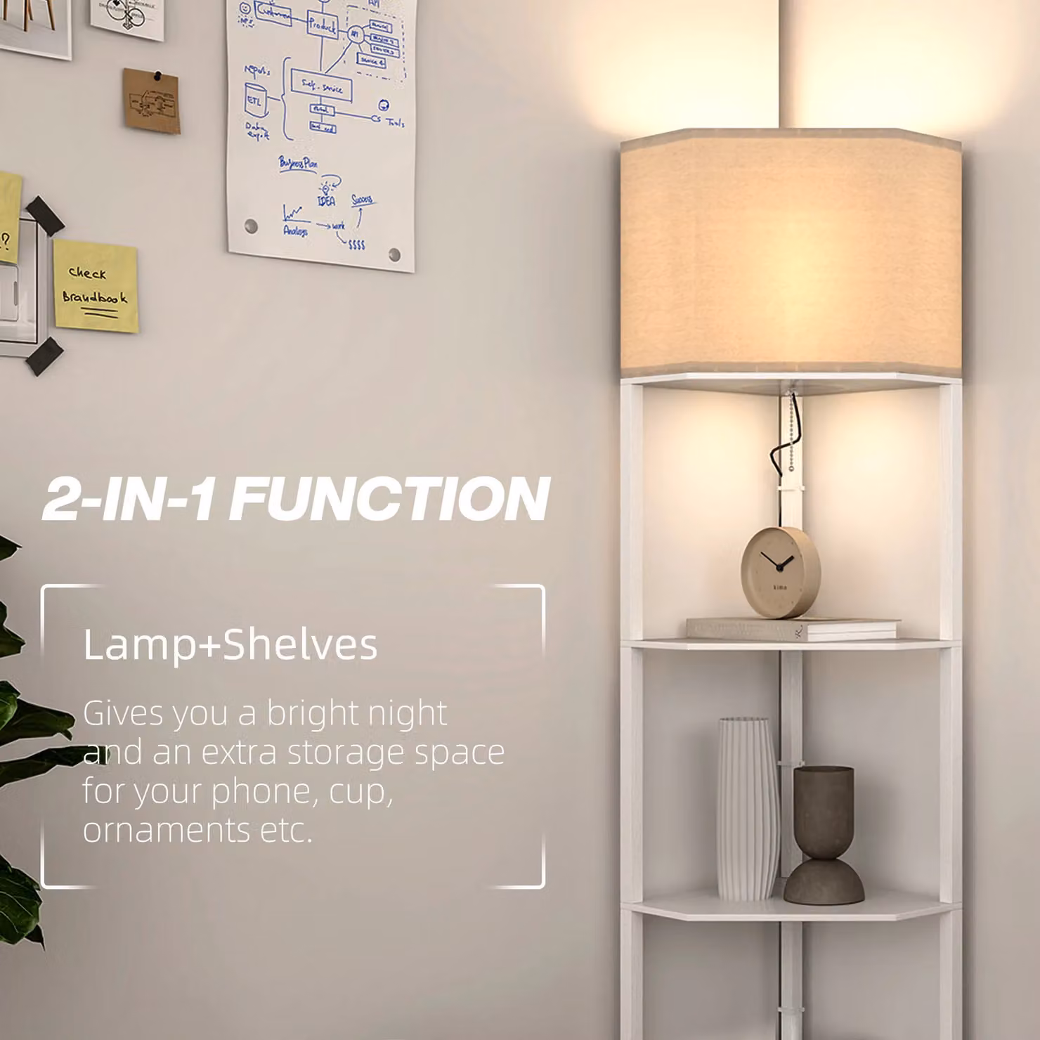 HOMCOM Modern White Corner Floor Lamp with Shelves and Pull Chain Switch – 3
