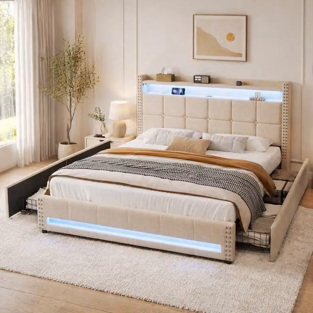 STILVORA Double Upholstered Storage Bed in Beige with USB Charging Port and Under-Bed Lighting, W/D/H: 140 x 200 cm