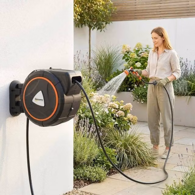 OUTSUNNY Wall Mounted Retractable Hose Reel with Auto Retraction, Orange, 28+2m
