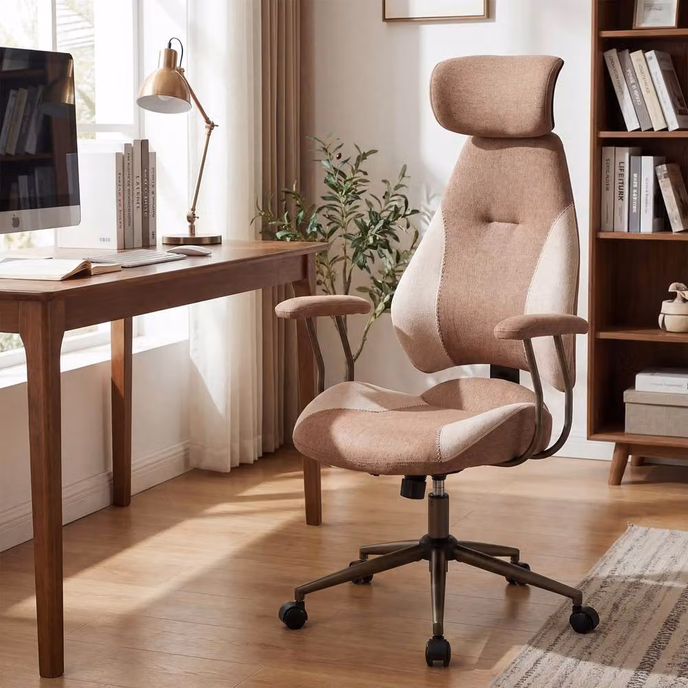 Costway Brown Fabric Office Chair with 2D Adjustable Headrest, Rocking Backrest and 360 Degree Swivel – 4