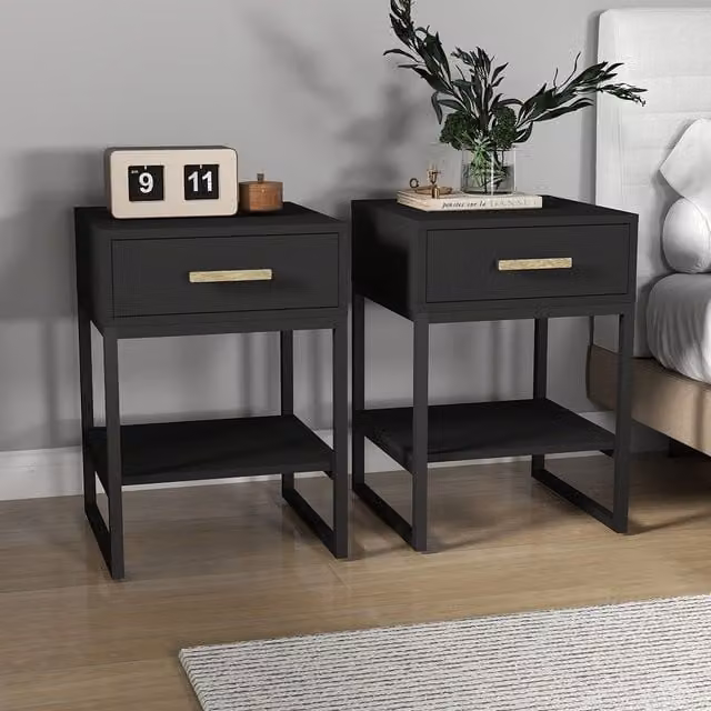 Melody Maison Luna Black Range Pair Of One Drawer Bedside Tables in Black and Gold – 1