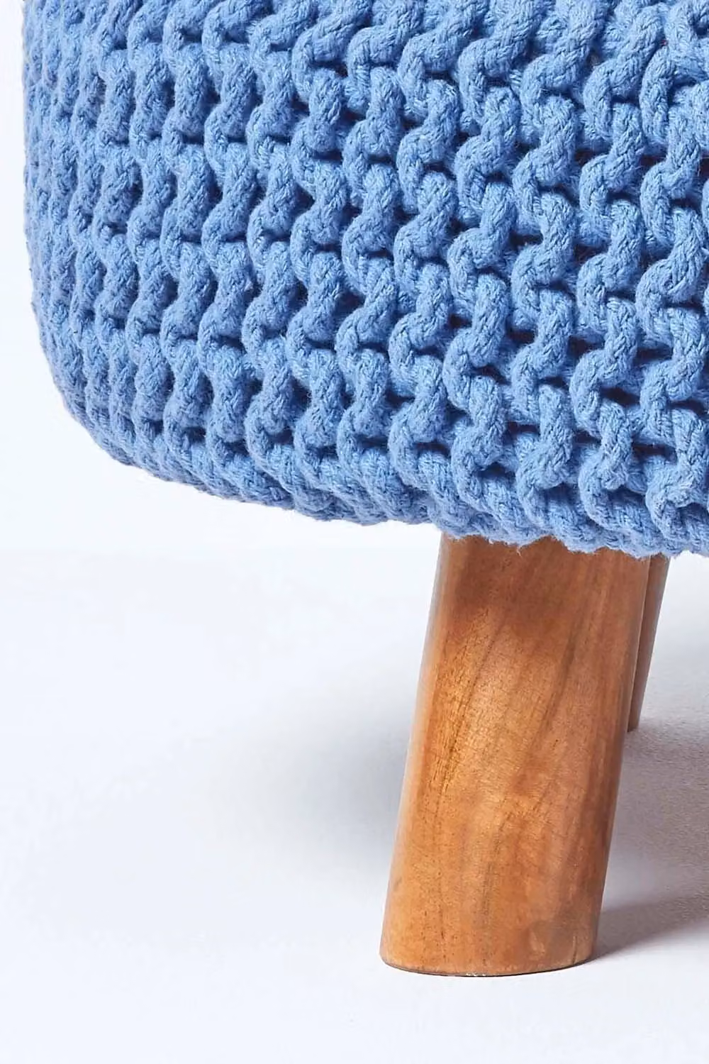 Homescapes Large Round Blue Cotton Knitted Footstool on Wood Legs – 3