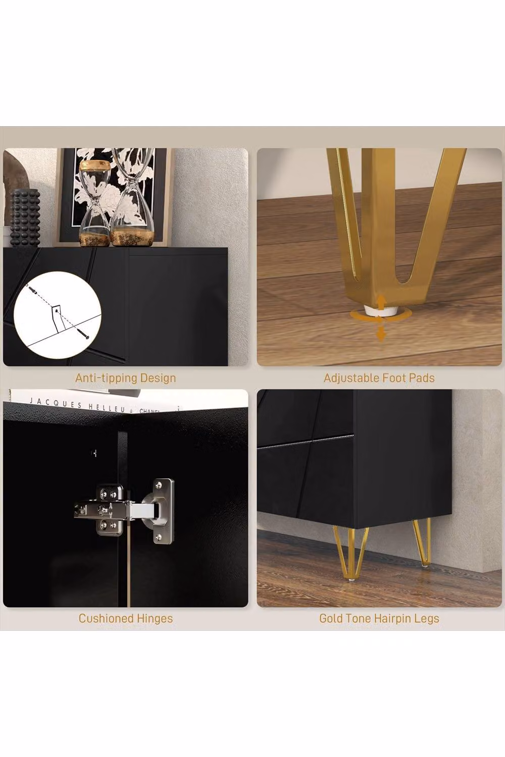 ERGOVEXA Modern Luxe High Gloss Sideboard in Black and Gold, W: 120 cm, H: 75 cm, D: 40 cm – 4