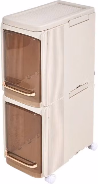 SPETLEK 2-Tier Rolling Slim Tall Bathroom Cabinet Storage with Internal Shelves in Beige