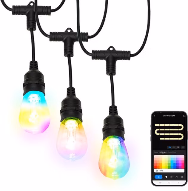 ValueLights Smart RGBIC IP65 Festoon Lights in Black and Multicolour with Timer and Connectable Feature