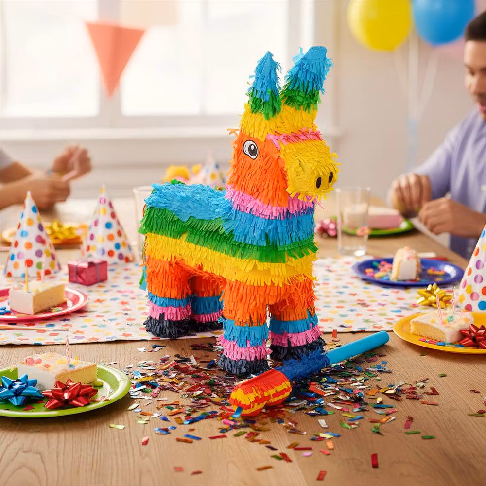 Fax Potato Donkey Pinata Set with Blue Buster Stick and Blindfold, Multicolour, W: 40 cm, D: 13 cm, H: 55 cm – 7