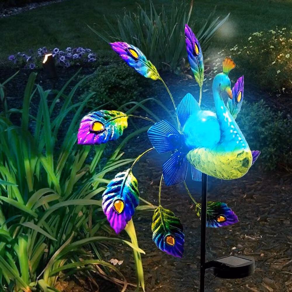 NESTLUNE Metal Peacock Wind Spinner Solar Powered LED Garden Light, Multicolour, H 100 cm x W 15 cm – 4