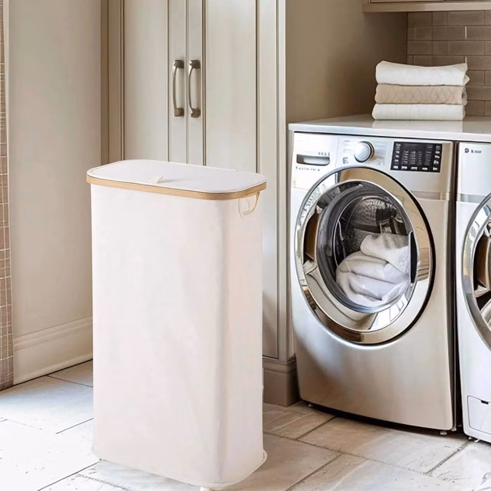 FLAVORA Beige Vencier 60L Slim Laundry Hamper with Bamboo Lid – 2