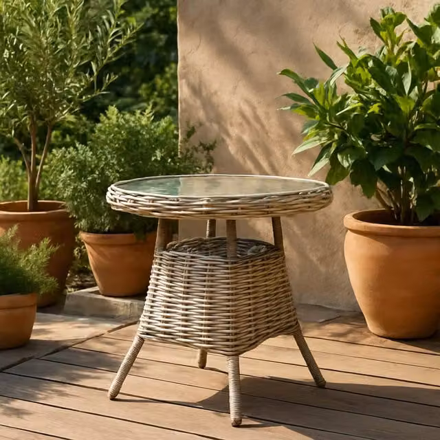 Wyld Haus Costa Outdoor Round Wicker Bistro Table with Glass Top, Beige