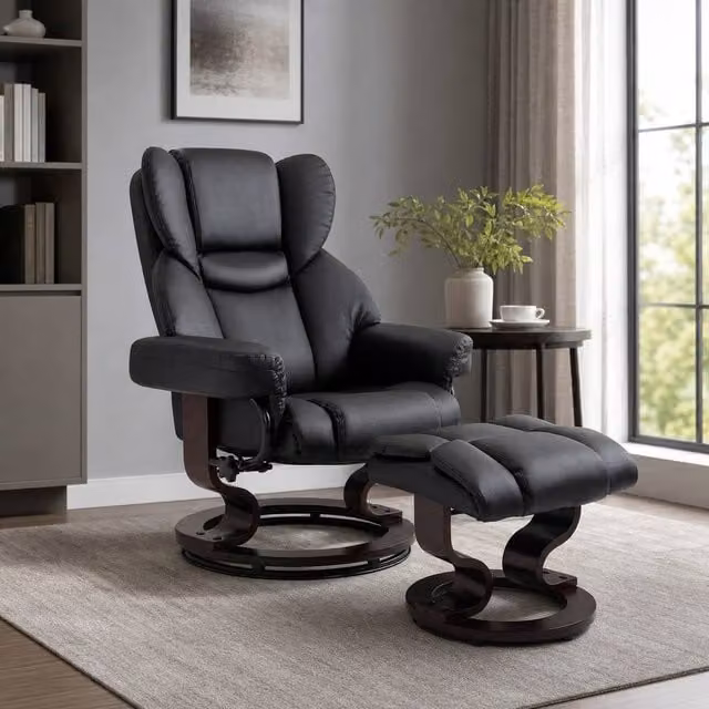 STILVORA Black Synthetic Leather Recliner Chair with Matching Ottoman and 360 Degree Swivel – 1