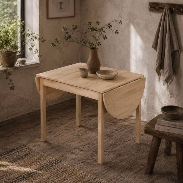 Wyld Haus Fico Pine Drop Leaf Dining Table in Natural Wood, Seats 4-6