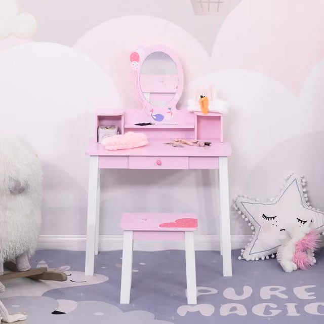 HOMCOM Kids Wooden Dressing Table and Stool, Pink