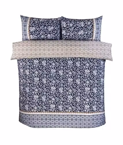 Rapport Home Eleanor Double Duvet Cover Set in Navy Blue and White with Floral Motif, W: 140 cm, L: 200 cm