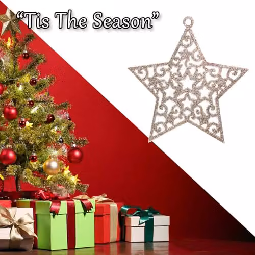 VFM e-Store Set of 6 Hanging Glitter Star Christmas Tree Decorations in Champagne Gold and Beige, W/D/H: 17.8 x 9.3 x 1.4 cm – 5