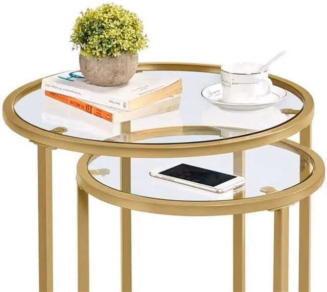 KORVIXA Gold Round Glass and Metal Nesting Side Table, W/D/H: 100 x 100 x 100 cm – 1
