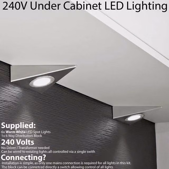Loops 6x Triangle Surface Under Cabinet Kitchen LED Light Kit in Brushed Nickel Silver with Warm White Light
