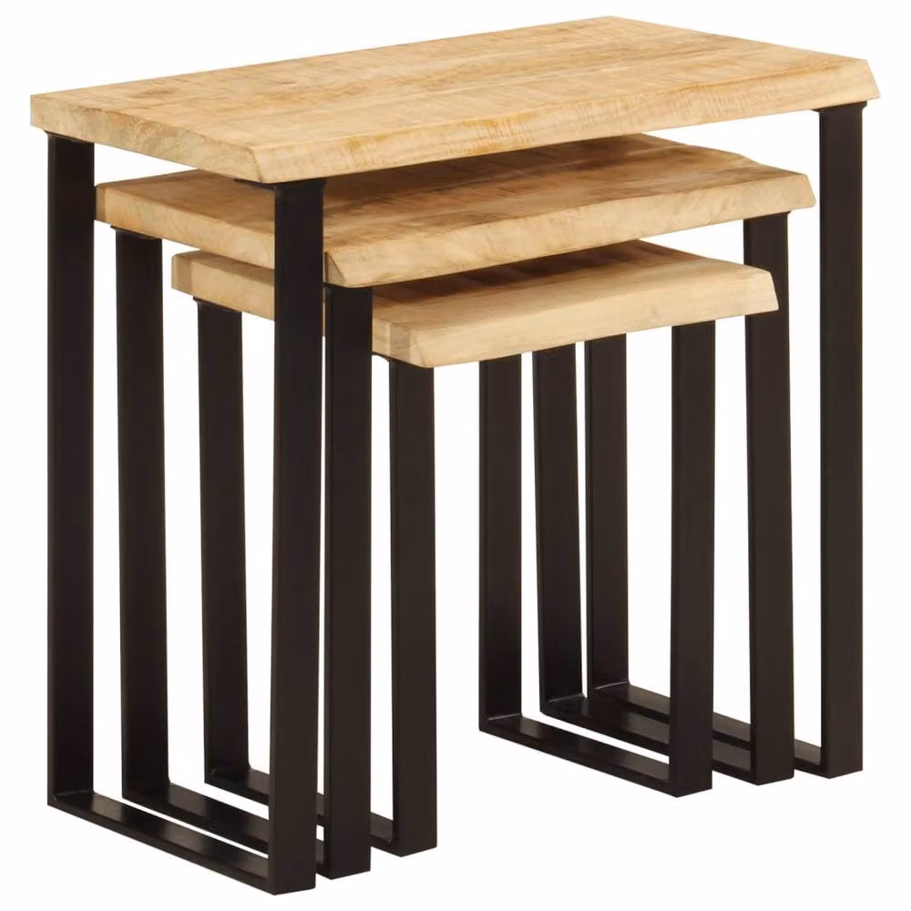 Berkfield Home 3-Piece Nesting Tables Set in Brown Solid Mango Wood with Live Edge and Metal Accents – 5