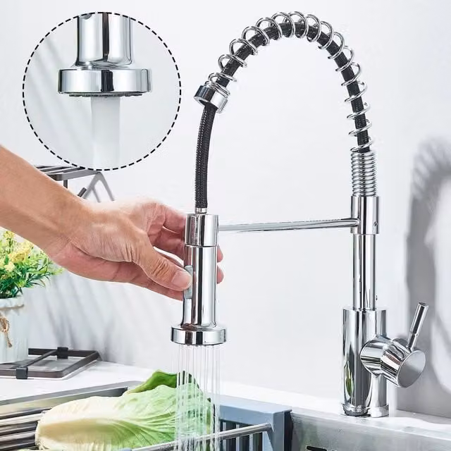 EONLION Monobloc Kitchen Sink Mixer Tap with Pull Out Hose in Silver and Chrome – 1