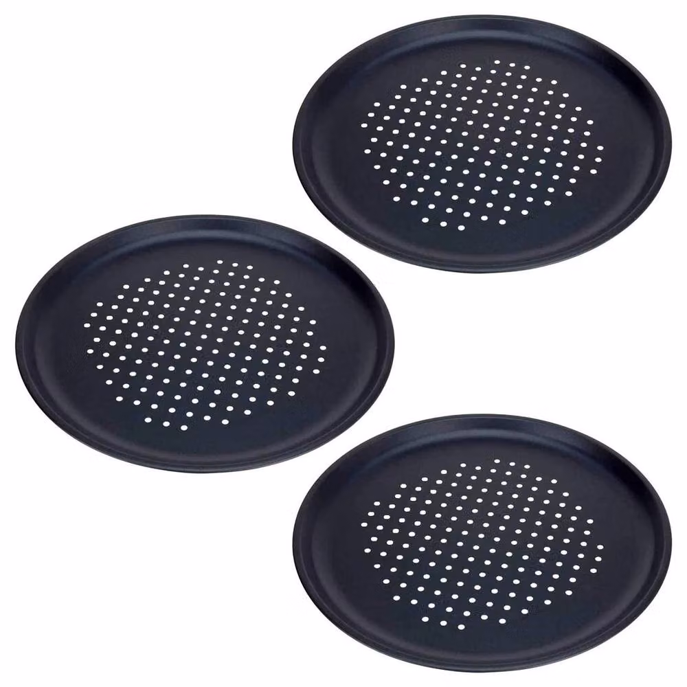 PAWNORA Set of 3 Large Non-Stick Round Carbon Steel Pizza Trays, Black, Diameter: 32 cm – 5