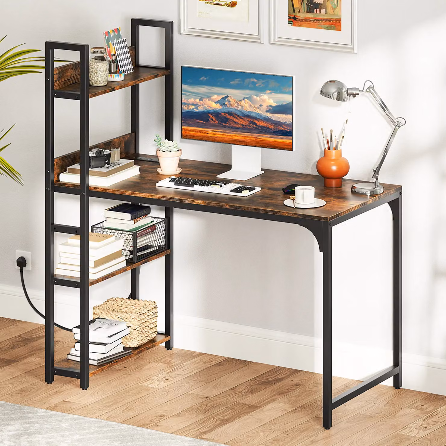Gymax Industrial Brown Computer Desk with Power Outlets and Shelves – 5