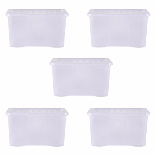 Wham Crystal Stackable Plastic Storage Boxes with Lids and Handles, 5 x 60L, Transparent