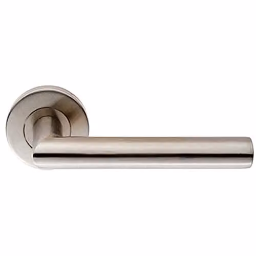 Loops Pair of Oval Mitred Bar Handles on Round Rose in Brushed Satin Steel Silver