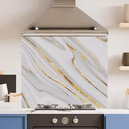 White Gold Quartz Polished Toughened Glass Kitchen Splashback, W: 90 cm, H: 65 cm, 6 mm thickness – 1