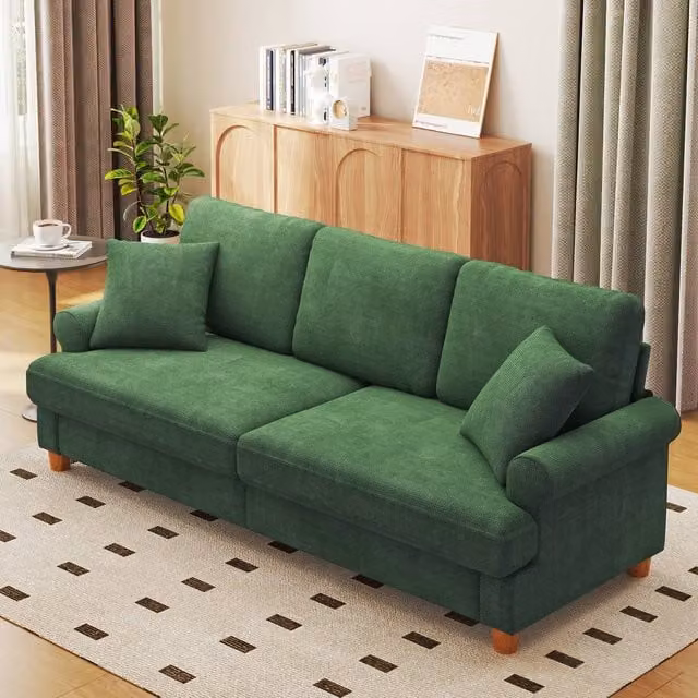 Dprodo Green Chenille Sofa Sleeper with Deep Seats and Scatter Cushions, W: 220 cm, H: 86.5 cm, D: 52 cm