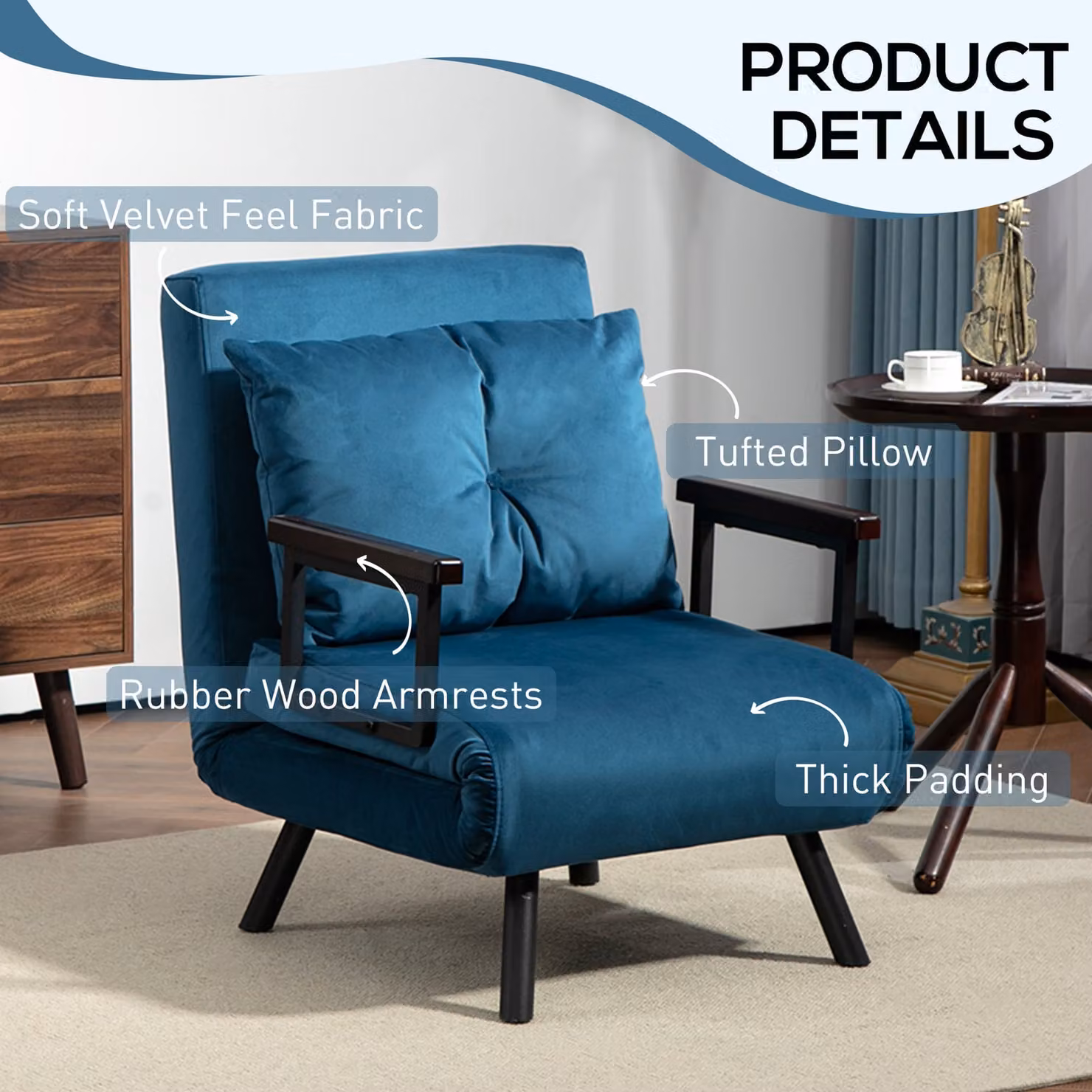 HOMCOM Navy Blue Velvet Click Clack Convertible Single Chair Bed with 2 Cushions – 6