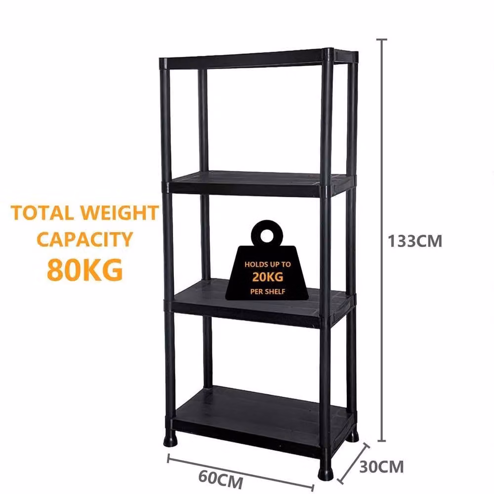 FORGEVIO Heavy Duty 4 Tier Plastic Garage Shelving in Black – 4