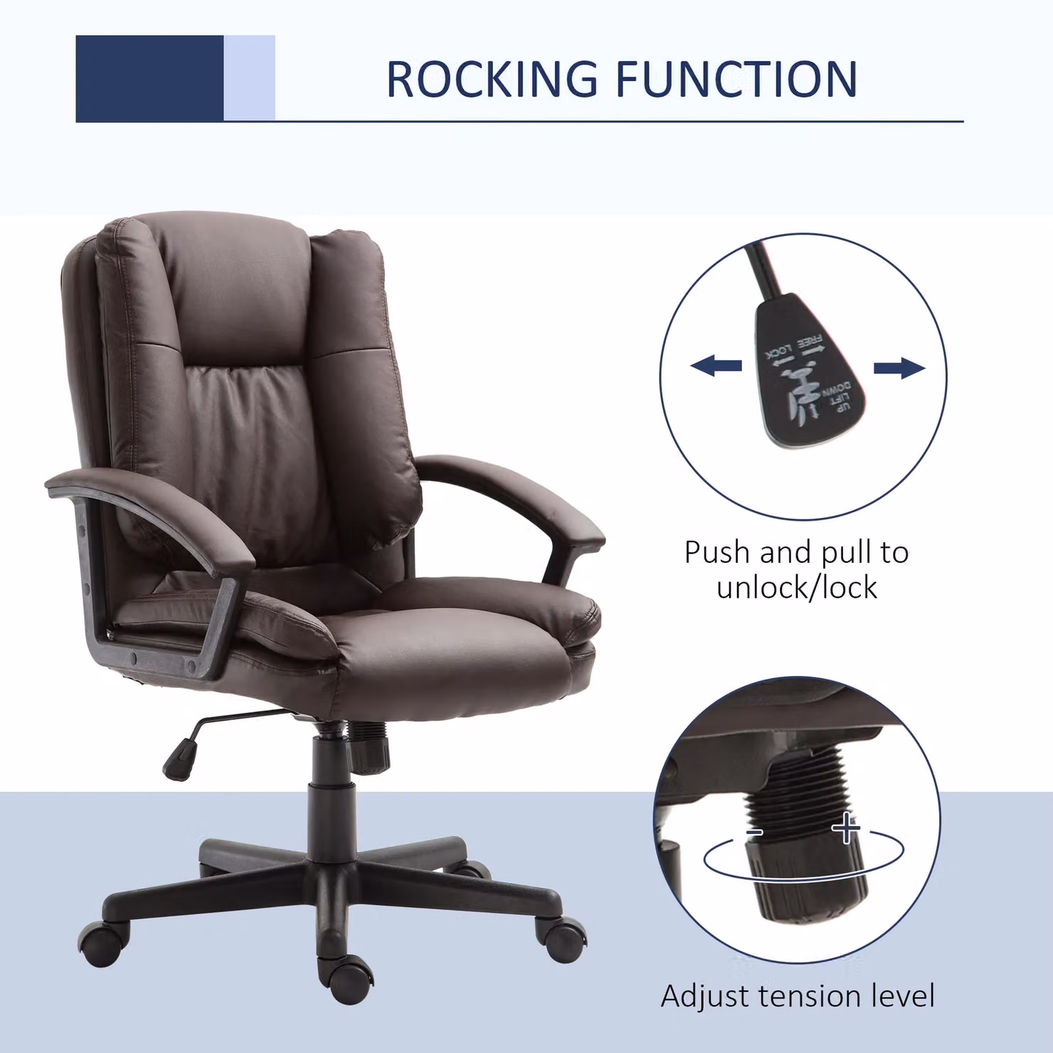 HOMCOM Brown PU Leather Mid Back Swivel Executive Office Chair with Armrests – 5