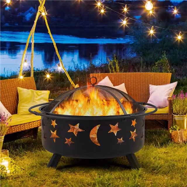Yaheetech Black Iron Round Fire Pit with Mesh Cover