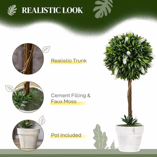 HOMCOM Set of 2 Artificial Floral Ball Trees in White and Green, Height: 60 cm – 3