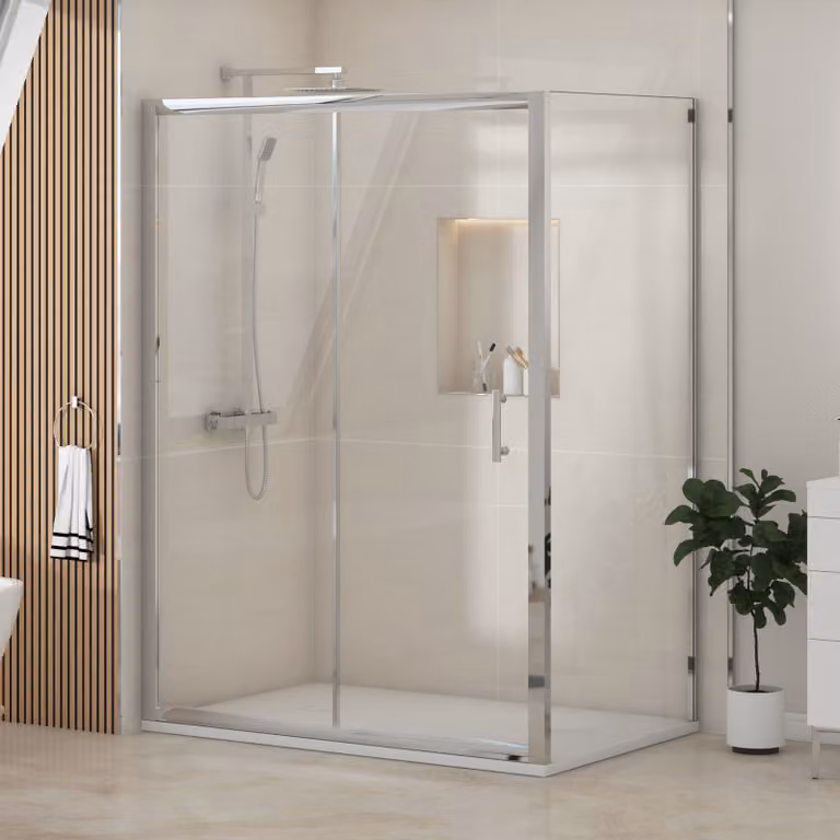 Royal Bathrooms Grand Sliding Door Shower Enclosure with Side Panel and White Slate Effect Mineral Cast Stone Shower Tray, W: 140 cm, D: 80 cm, H: 185 cm, 6mm Glass
